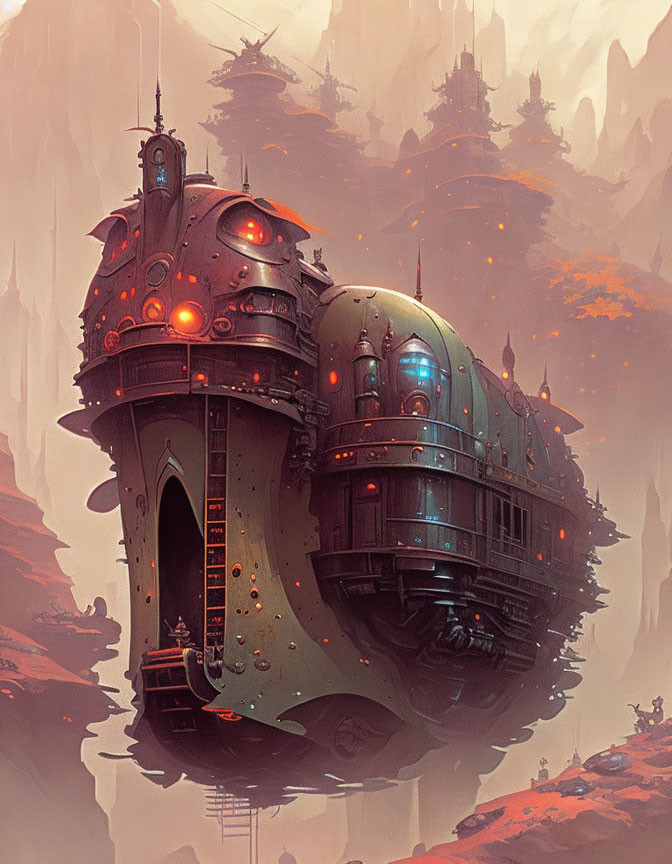 Steampunk airship amidst foggy rock formations in ochre landscape