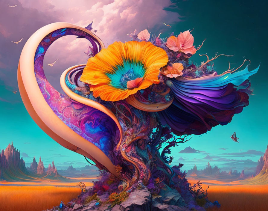 Colorful Digital Artwork of Surreal Tree with Flower & Fantasy Landscape