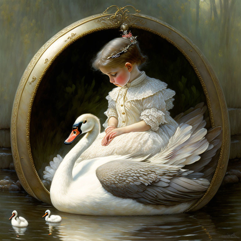 Young girl in white feathered dress under swan's wing by tranquil pond