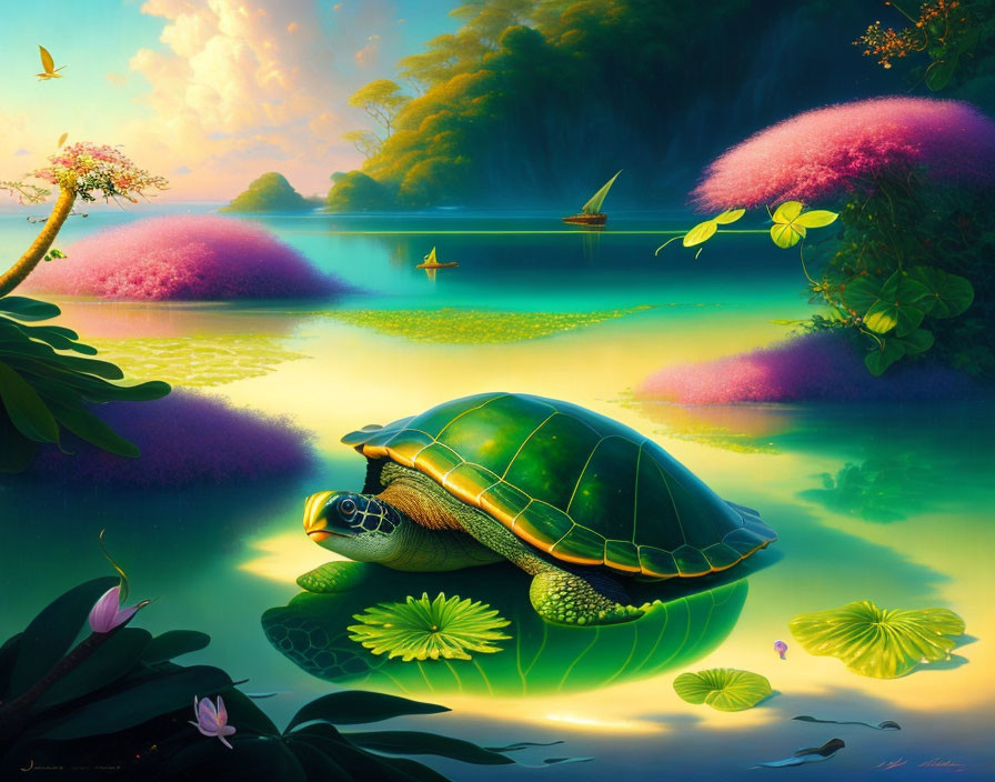 Colorful Digital Art: Turtle on Lily Pad in Serene Landscape