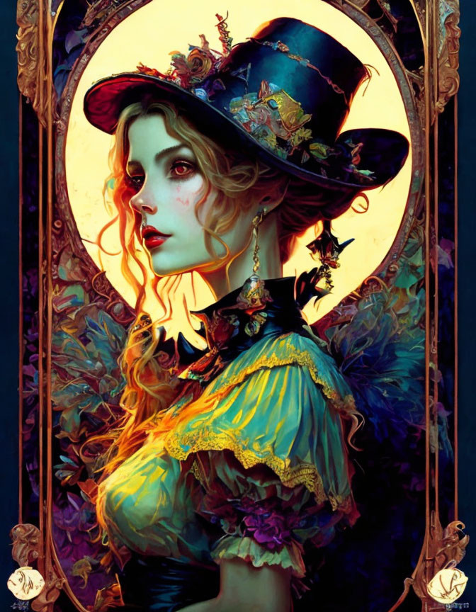 Victorian-style woman illustration with mystical aura and dark floral frame.