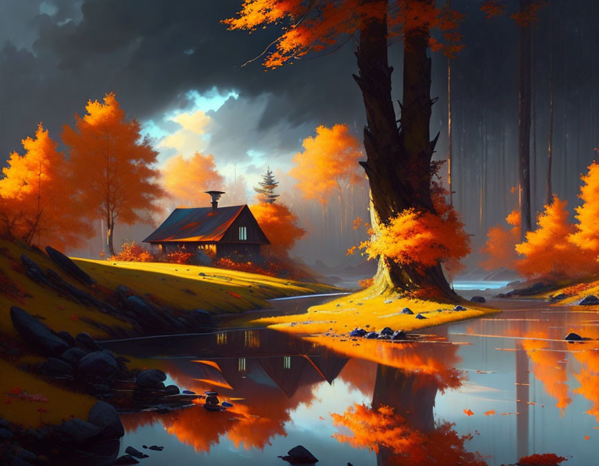 Autumn cabin surrounded by orange trees near serene water at sunset