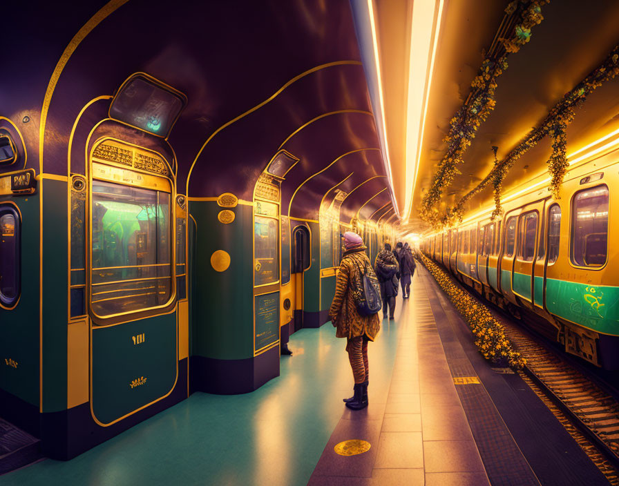 Futuristic subway station with golden lighting, green trains, and lush vegetation.