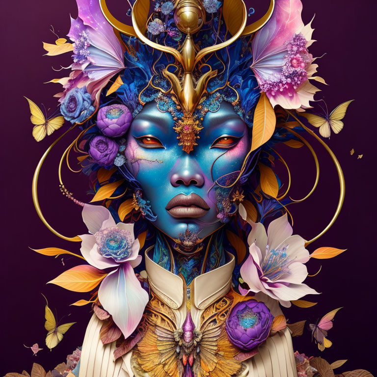 Colorful digital artwork: Blue-skinned woman with floral and gold details on purple backdrop