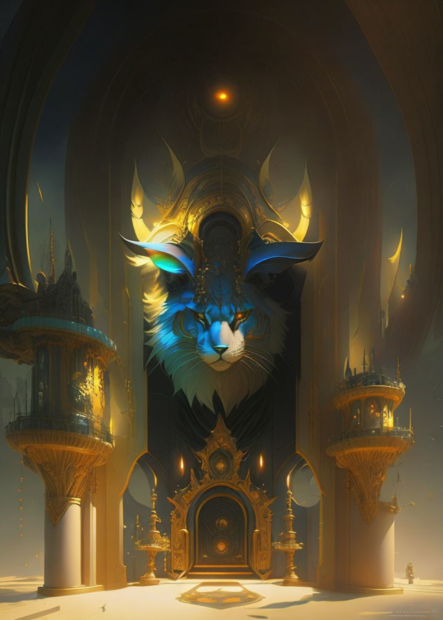 Golden-hued hall with feline head, blue eyes, horns, towers, and ethereal lights