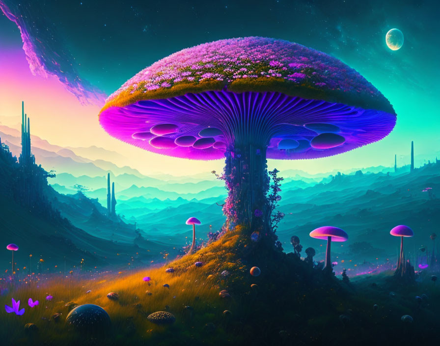 Colorful alien landscape with giant mushroom and starlit sky