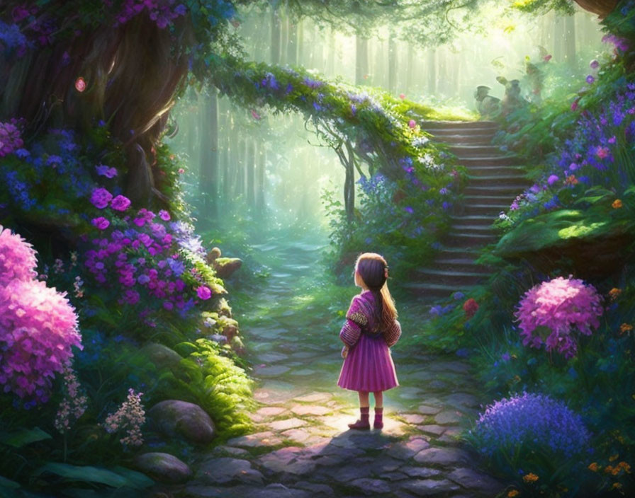 Young girl in pink skirt near blooming flowers and mystical forest staircase