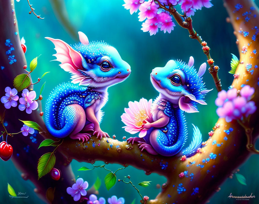 Blue dragon-like creatures on branch with pink blossoms and flower