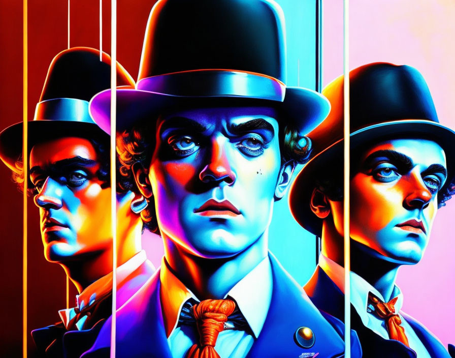 Colorful Triptych Pop Art Illustration of Man in Top Hat and Suit