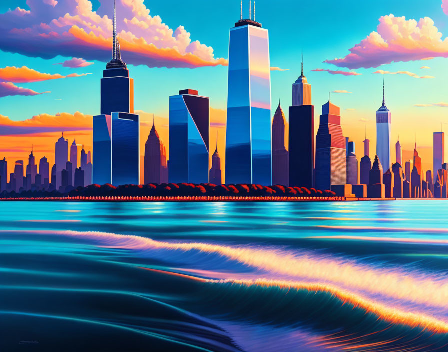 Colorful city skyline illustration with skyscrapers, water reflection, and sunset sky