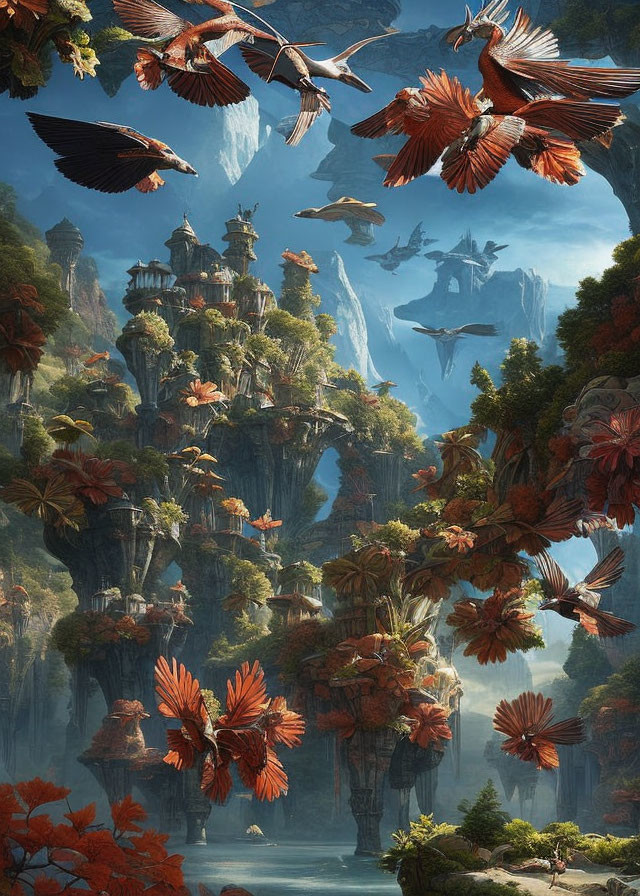 Fantastical landscape with towering rock formations, red foliage, flying creatures, and serene water.