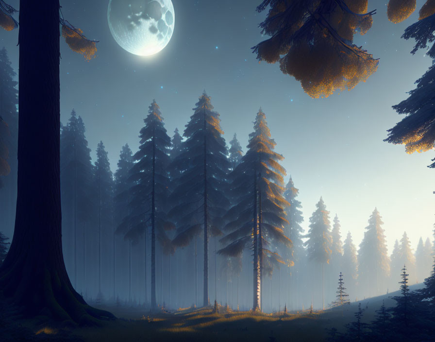 Full Moon Illuminates Foggy Forest with Tall Pine Trees