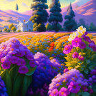 Scenic landscape with purple and pink flowers, golden hills, small house, and green trees.