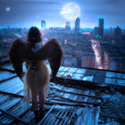 Angel wings figure overlooking futuristic city at night