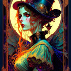 Victorian-style woman illustration with mystical aura and dark floral frame.