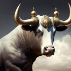 Majestic white bull with golden horns in futuristic cityscape