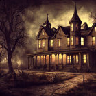 Victorian House Illustration at Dusk with Warm Lights and Silhouettes