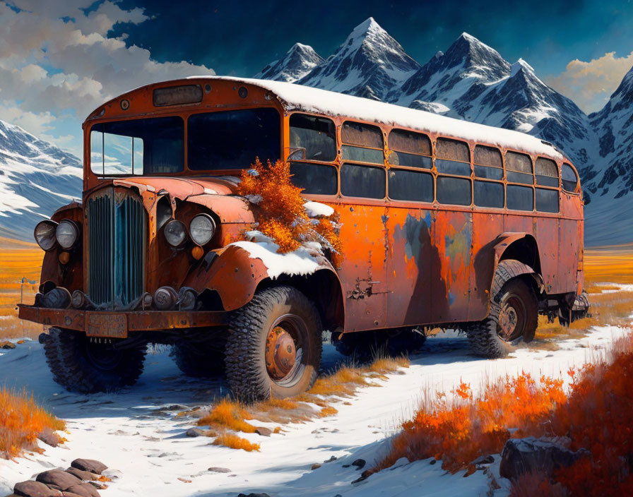 Abandoned rusty bus in autumn field with snow-capped mountains