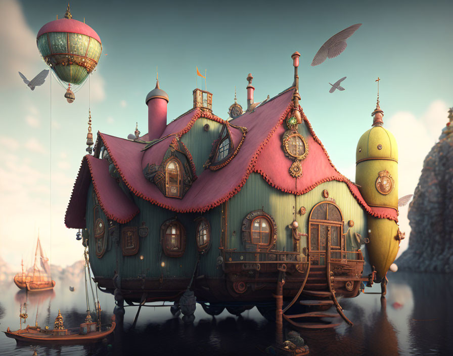 Whimsical house on stilts with flying balloon, towers, boat, and birds