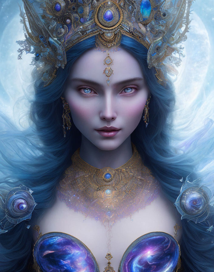Fantasy portrait of woman with blue hair and celestial crown