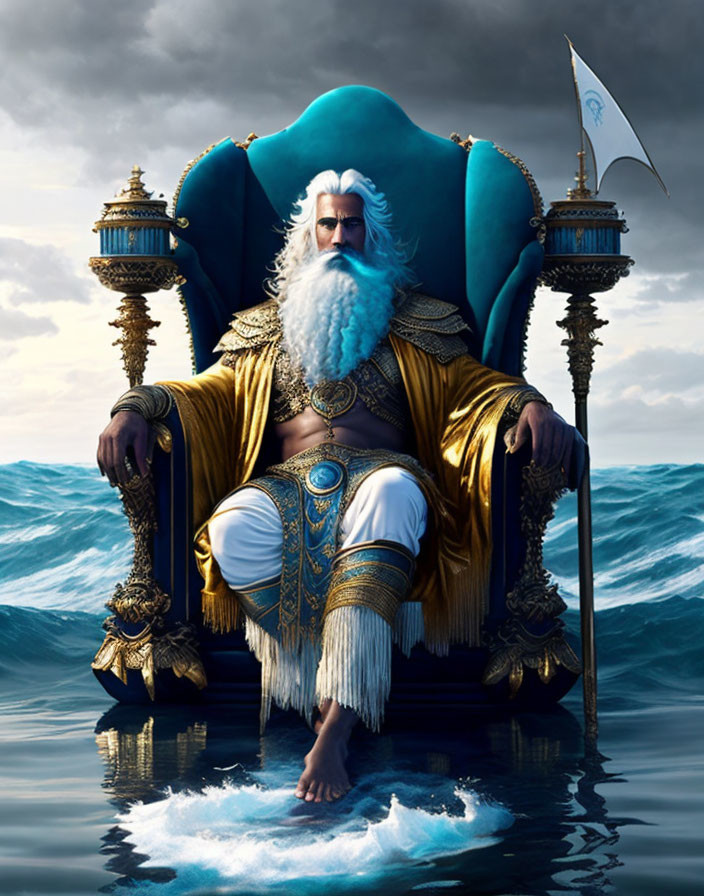 Regal bearded figure in gold and blue attire on throne in sea setting