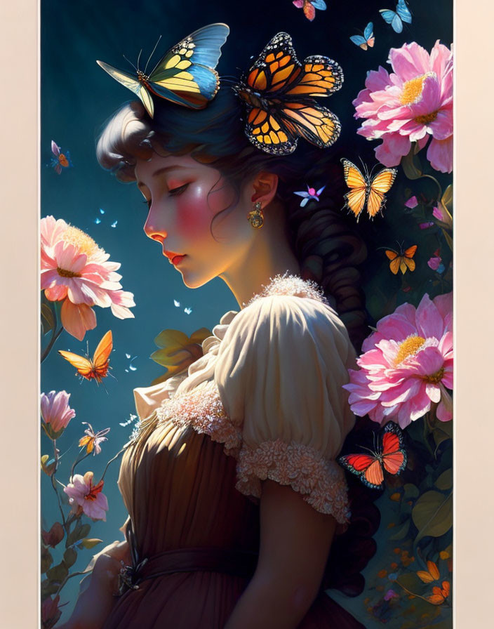 Woman surrounded by butterflies and vibrant flowers in serene illustration