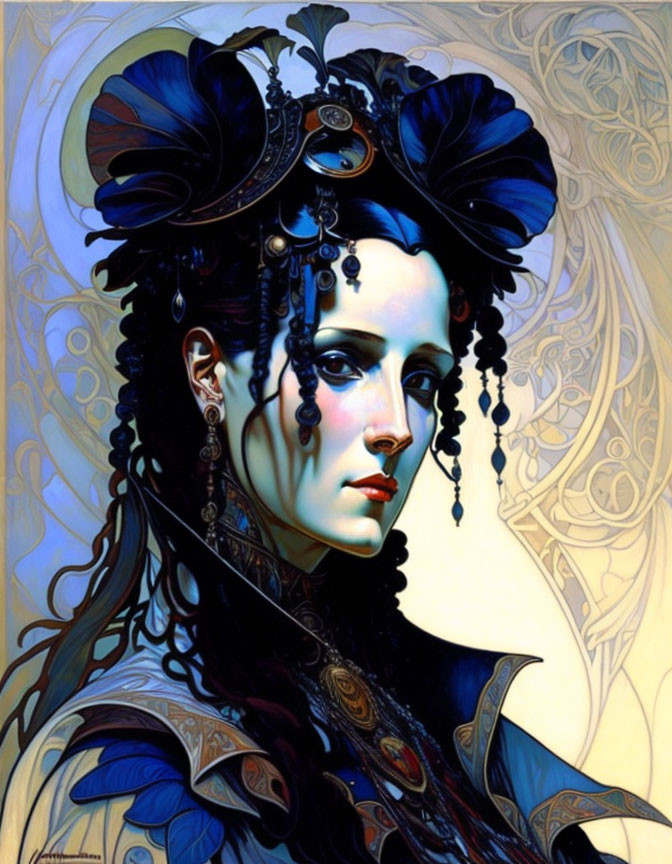 Elaborate Blue and Black Attire Portrait Against Patterned Background