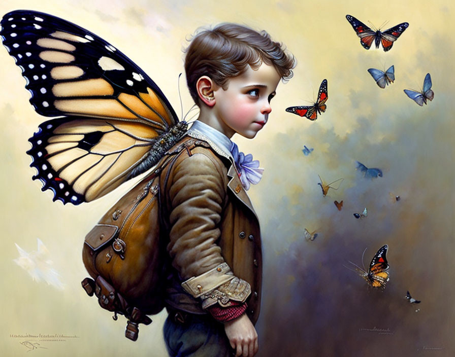 Child with butterfly wings surrounded by flying butterflies in vintage clothing