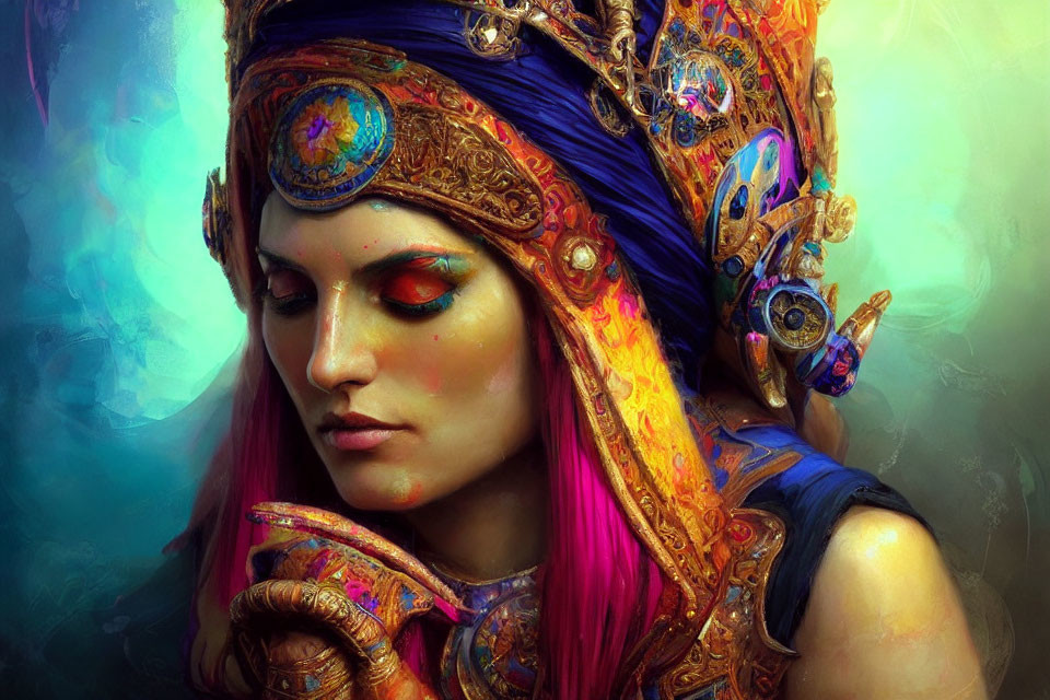 Vibrant pink-haired woman with blue headpiece and jewels.