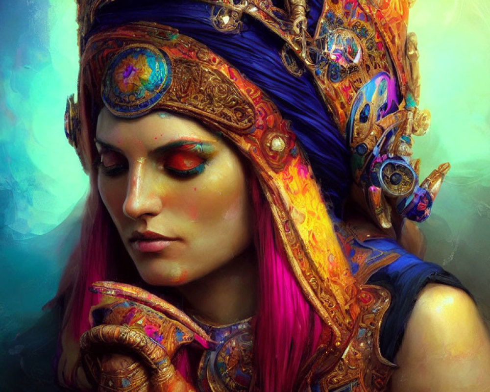 Vibrant pink-haired woman with blue headpiece and jewels.