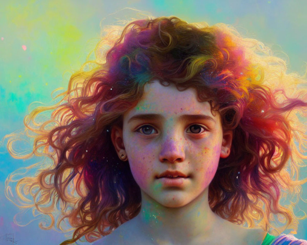 Vibrant digital portrait of young girl with rainbow hair on pastel background