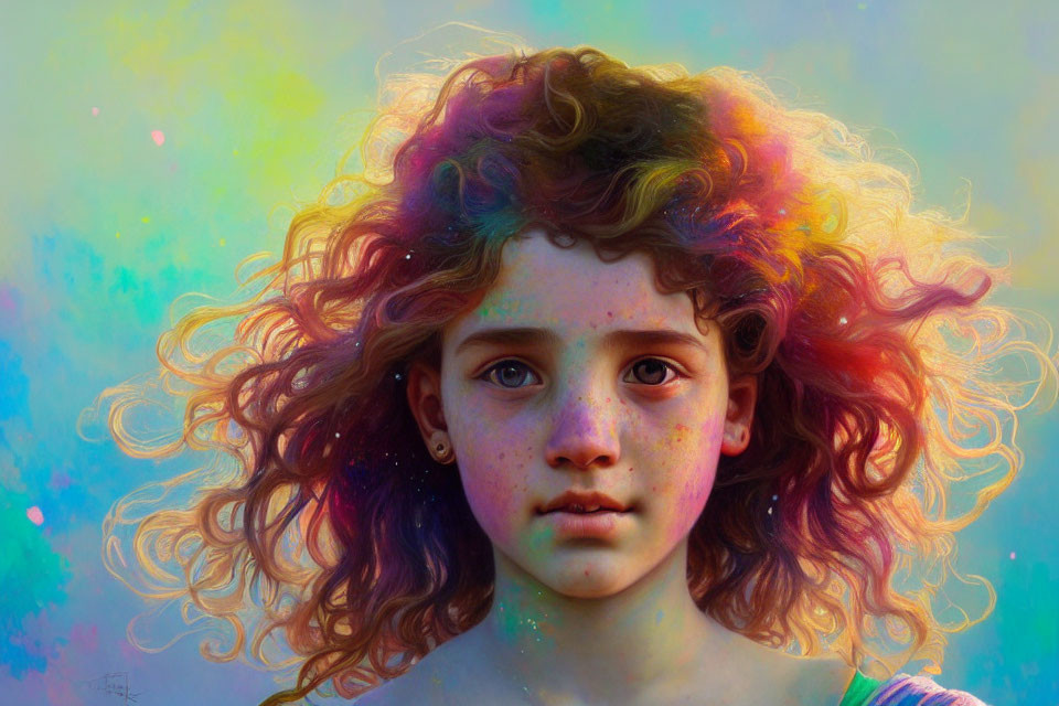 Vibrant digital portrait of young girl with rainbow hair on pastel background