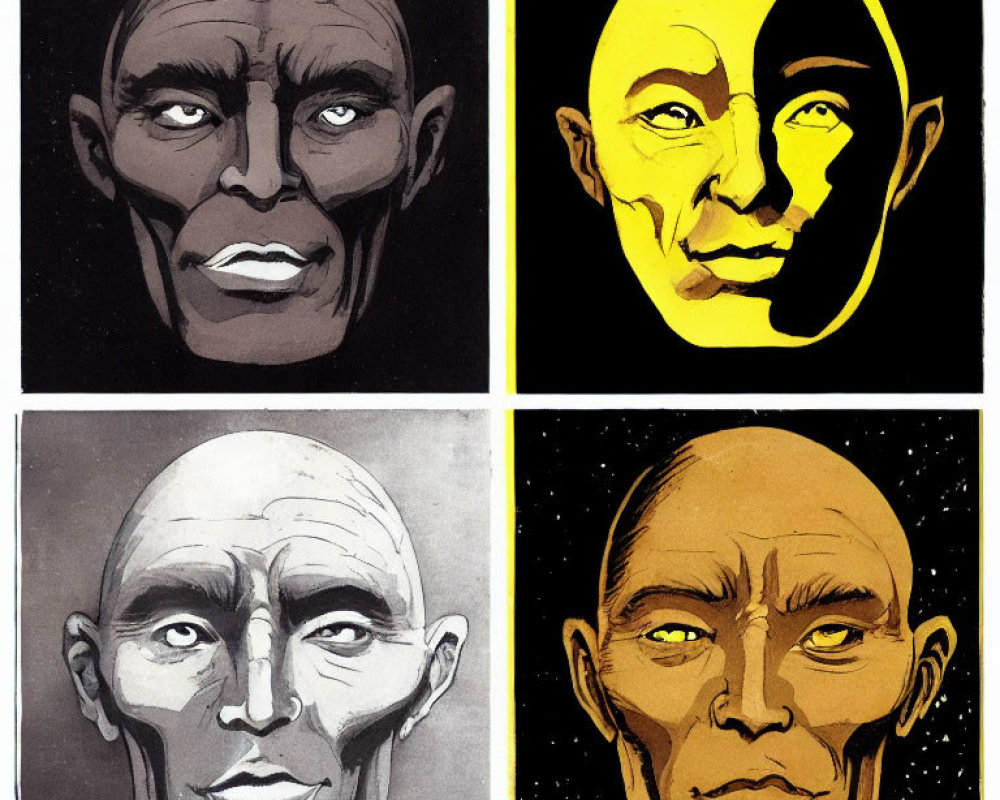 Stylized Bald Person Portraits in Four Panels