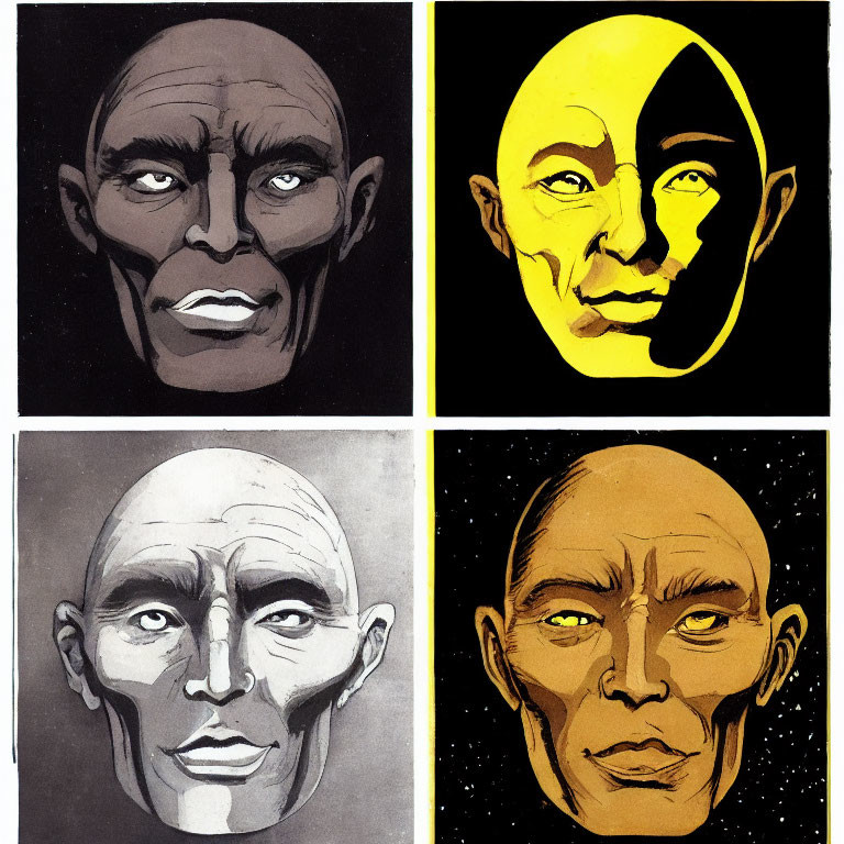 Stylized Bald Person Portraits in Four Panels