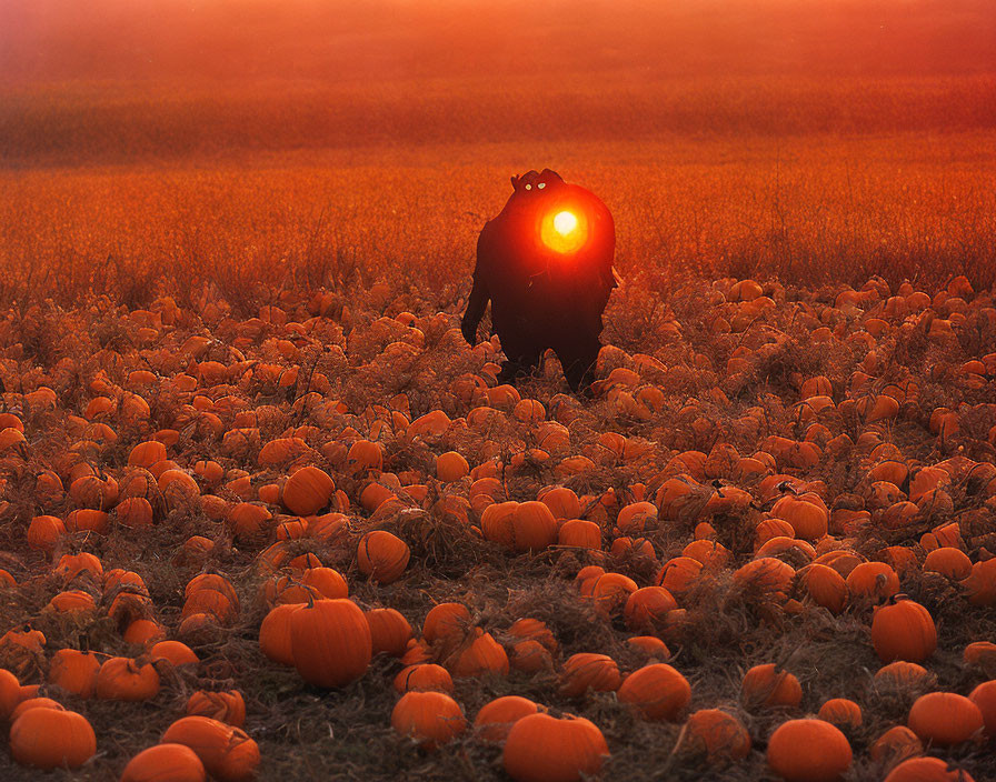 Person standing in pumpkin field at sunset with glowing sun through carved pumpkin.