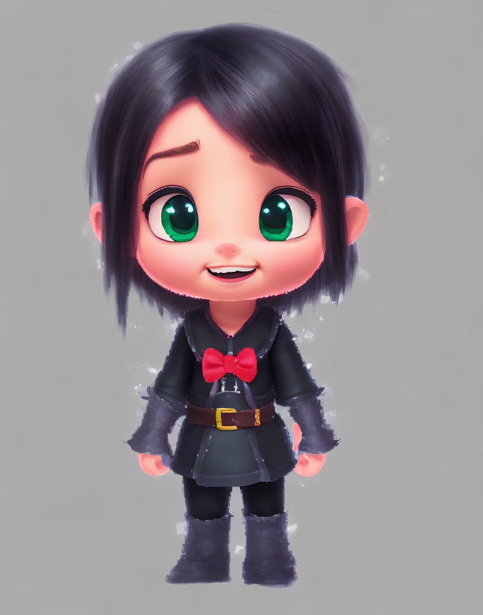 Cute animated character with large green eyes and black outfit