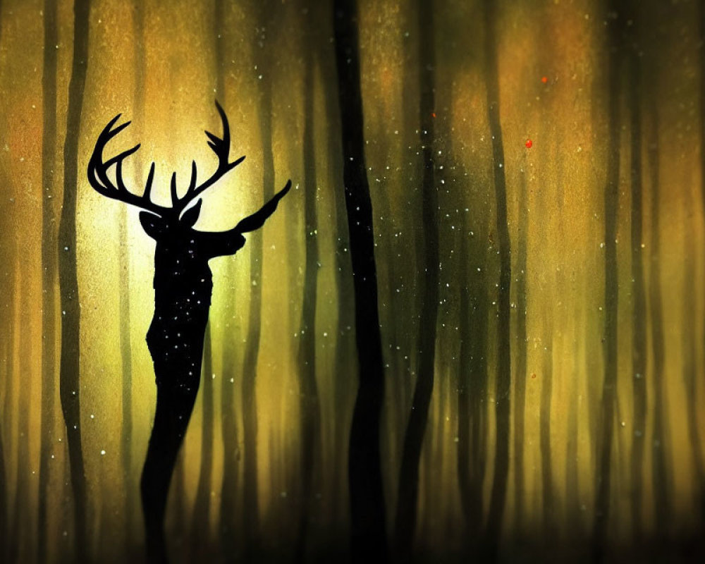 Stag silhouette in golden forest with firefly-like particles