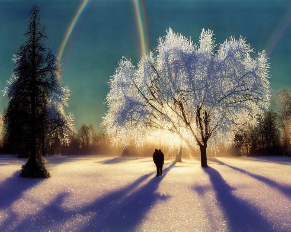 Person Walking Towards Frost-Covered Tree in Snowy Landscape