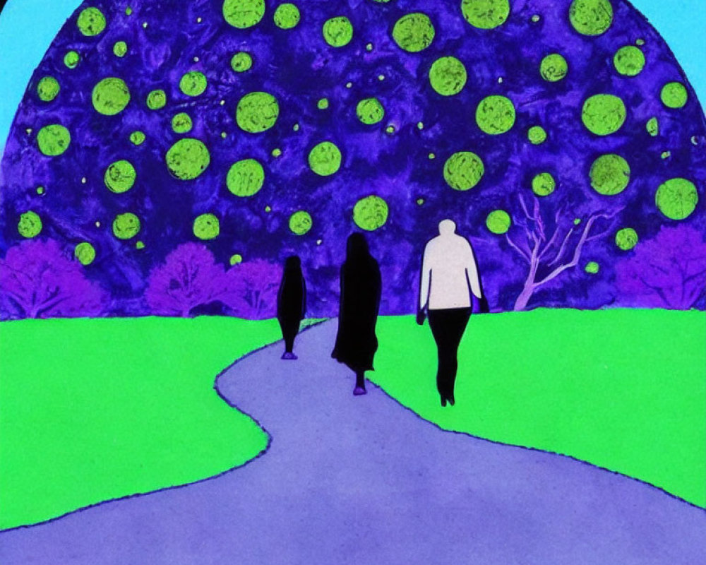 Silhouetted figures walking towards large purple tree on winding path