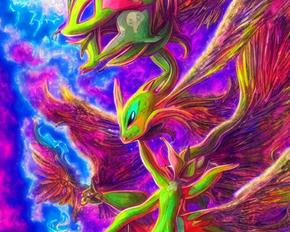 Colorful artwork of three mythical dragon-like creatures flying in psychedelic sky