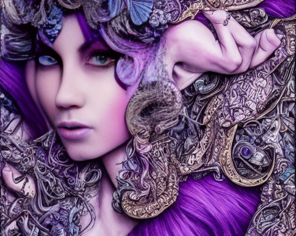 Fantasy illustration of person with purple hair in ornate golden armor