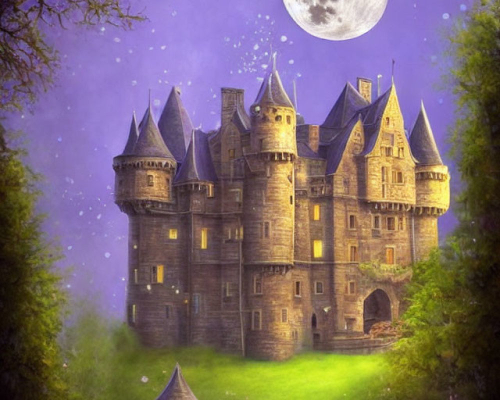 Castle at Twilight: Turrets, Full Moon, Serene Landscape