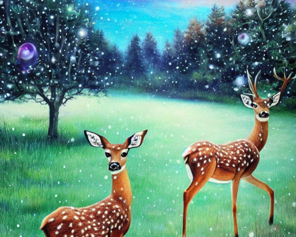 Whimsical nighttime scene with deer, stars, and bubbles