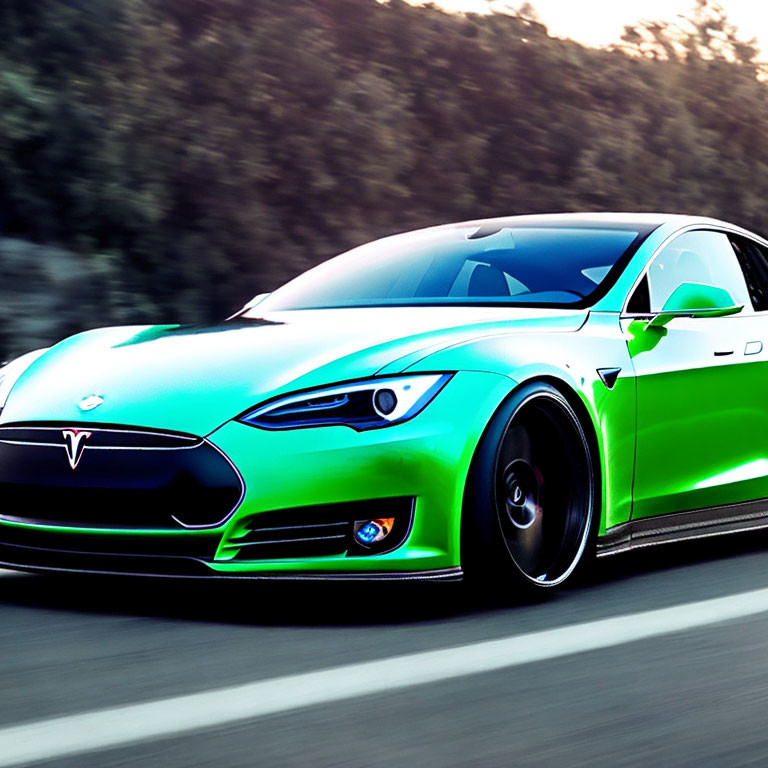 Teal Tesla Model S in motion on highway with motion blur background