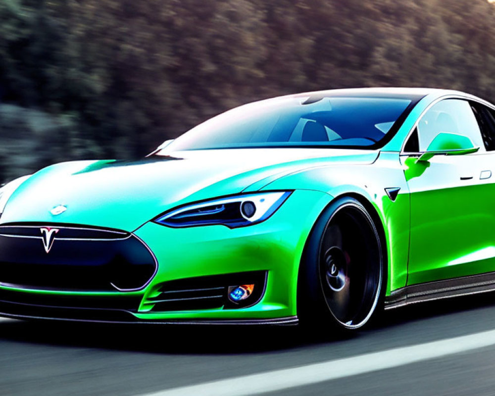 Teal Tesla Model S in motion on highway with motion blur background