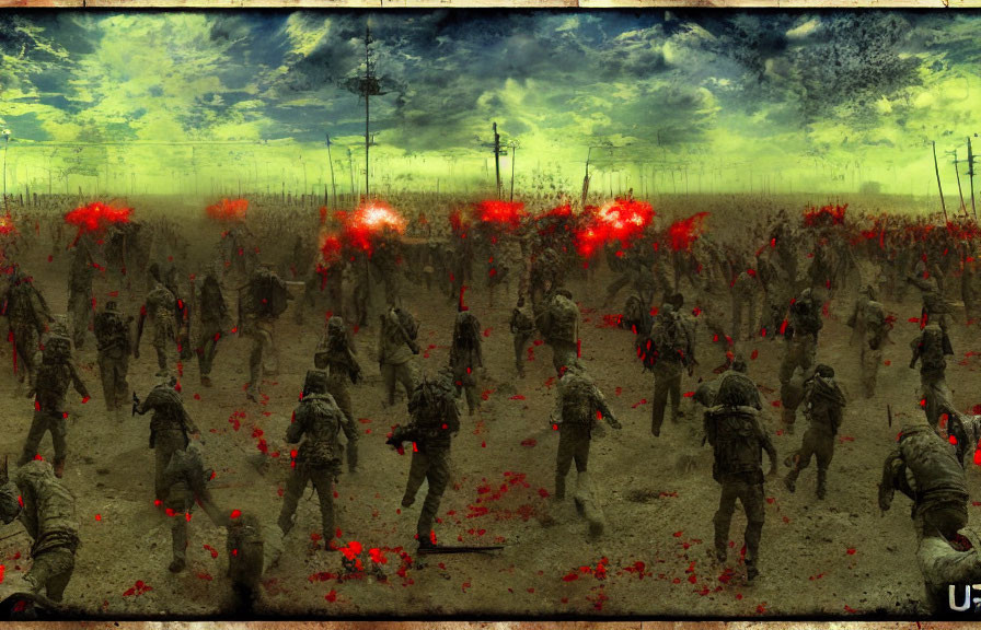 Surreal battlefield scene with advancing soldiers and explosions under greenish-yellow sky