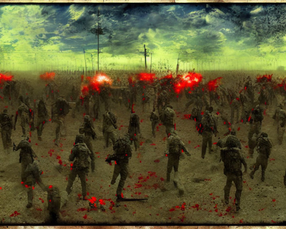 Surreal battlefield scene with advancing soldiers and explosions under greenish-yellow sky