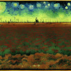 Surreal battlefield scene with advancing soldiers and explosions under greenish-yellow sky