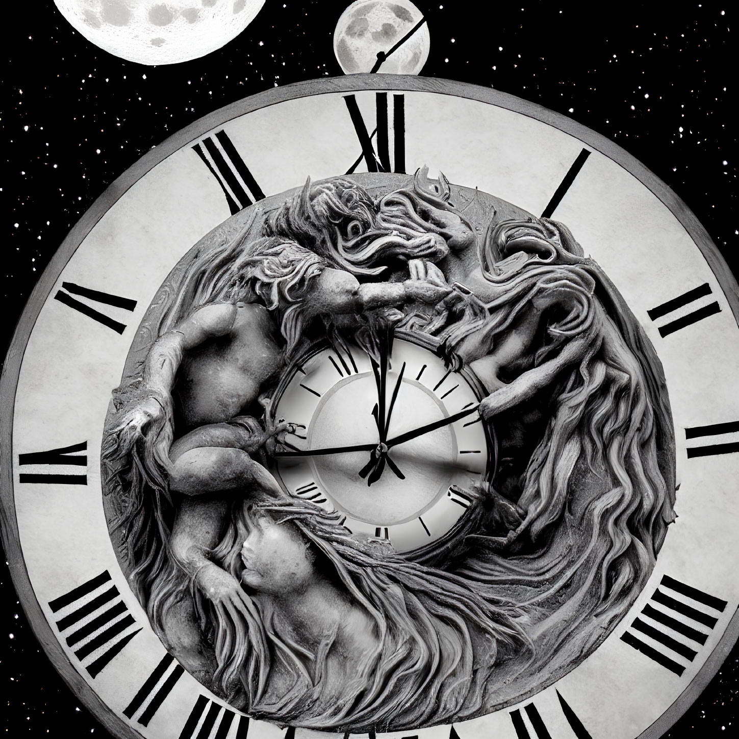 Monochrome clock with classical sculptures and moon phase motif