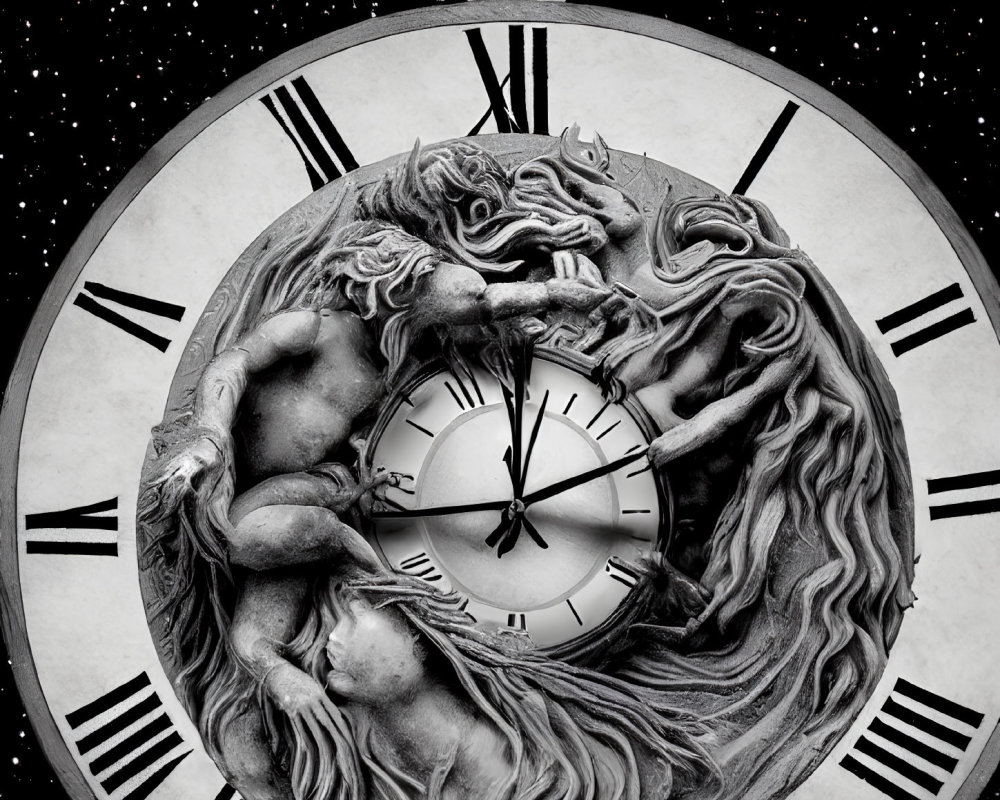 Monochrome clock with classical sculptures and moon phase motif